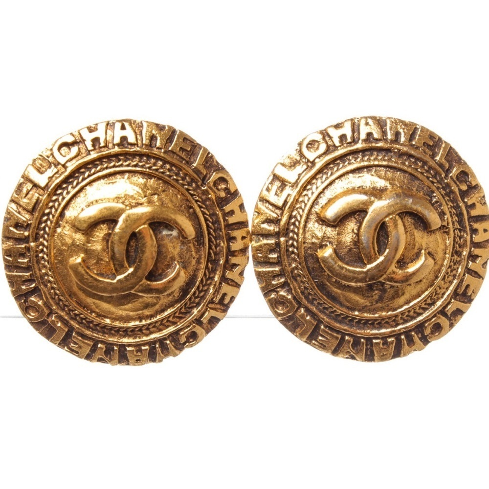 Rare 18K Gold Plated Vintage Auth CHANEL CC Round Disk Logo  Clip On Earrings